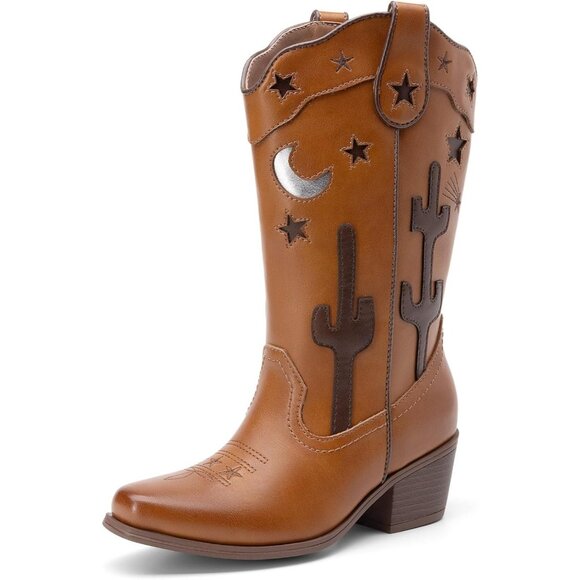 Girls Cowboy Boots Cowgirl Western Boots with Low Heel Square Toe for Little Kid - Picture 1 of 5